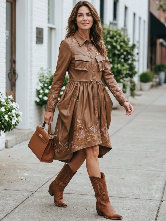 blue b Dresses & Skirts - NEW blue b Brown Faux Leather Embroidered Pink Copper Flower Draped Skirt Dress